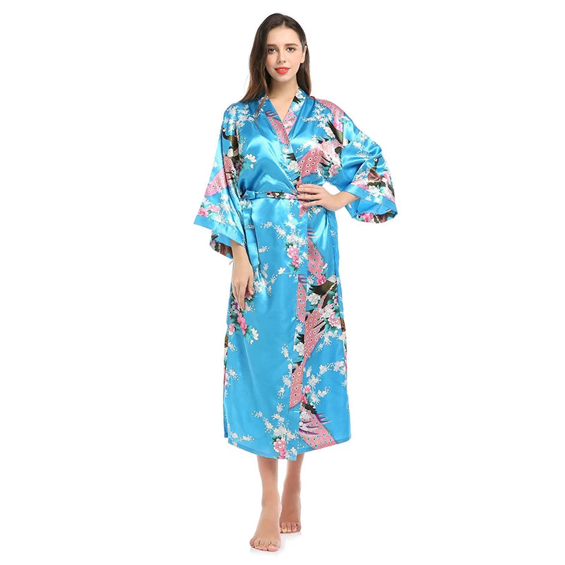 Womens Silk Satin Kimono Robes Long Sleepwear Dressing Gown Floral Peacock Printed Pattern Party Wedding Bridesmaid Bathrobe