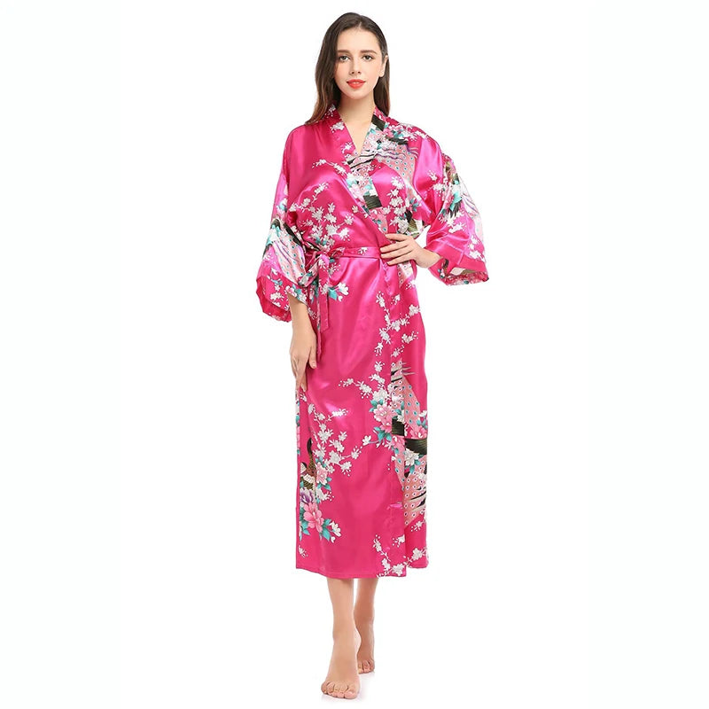 Womens Silk Satin Kimono Robes Long Sleepwear Dressing Gown Floral Peacock Printed Pattern Party Wedding Bridesmaid Bathrobe