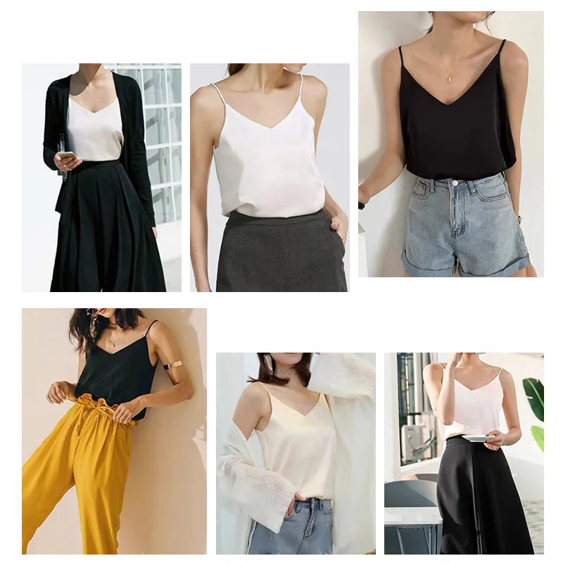 Top Women Halter V Neck Basic White Cami Sleeveless Satin Silk Tank Tops Women'S Summer Camisole