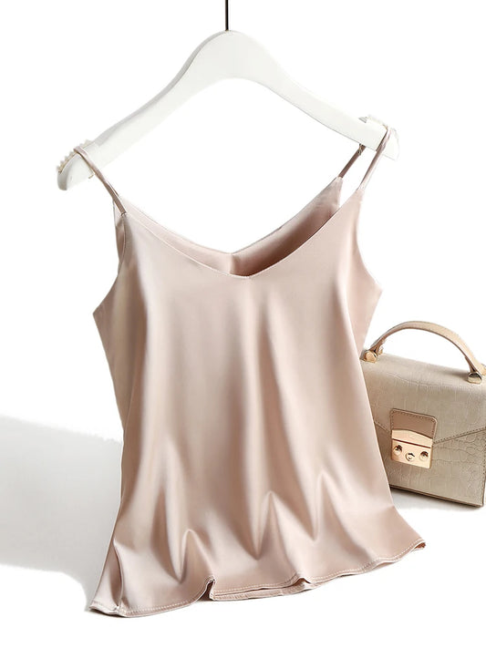 Top Women Halter V Neck Basic White Cami Sleeveless Satin Silk Tank Tops Women'S Summer Camisole