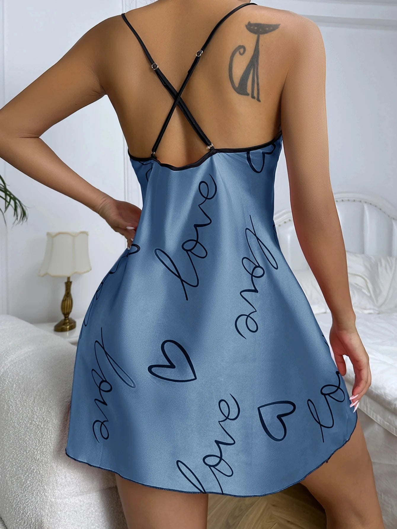 Heart Print Nightdress Elegant Scoop Neck Criss Cross Back Sleep Dress Women's Sleepwear