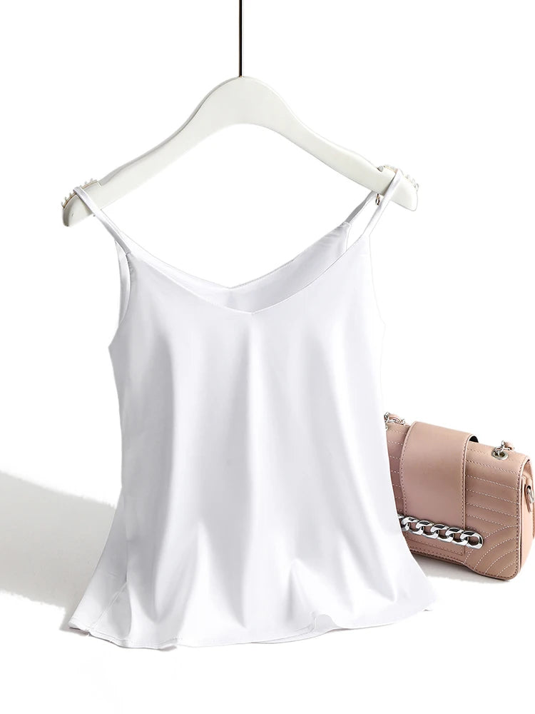 Top Women Halter V Neck Basic White Cami Sleeveless Satin Silk Tank Tops Women'S Summer Camisole