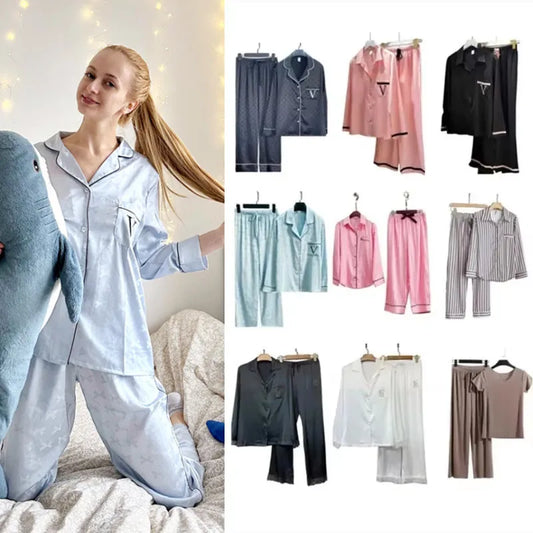 Women's Long Silk Pajamas Two -piece Satin Noodle Cardigan Cardigan Casual Clothes Thin Fashion Loose Home Service