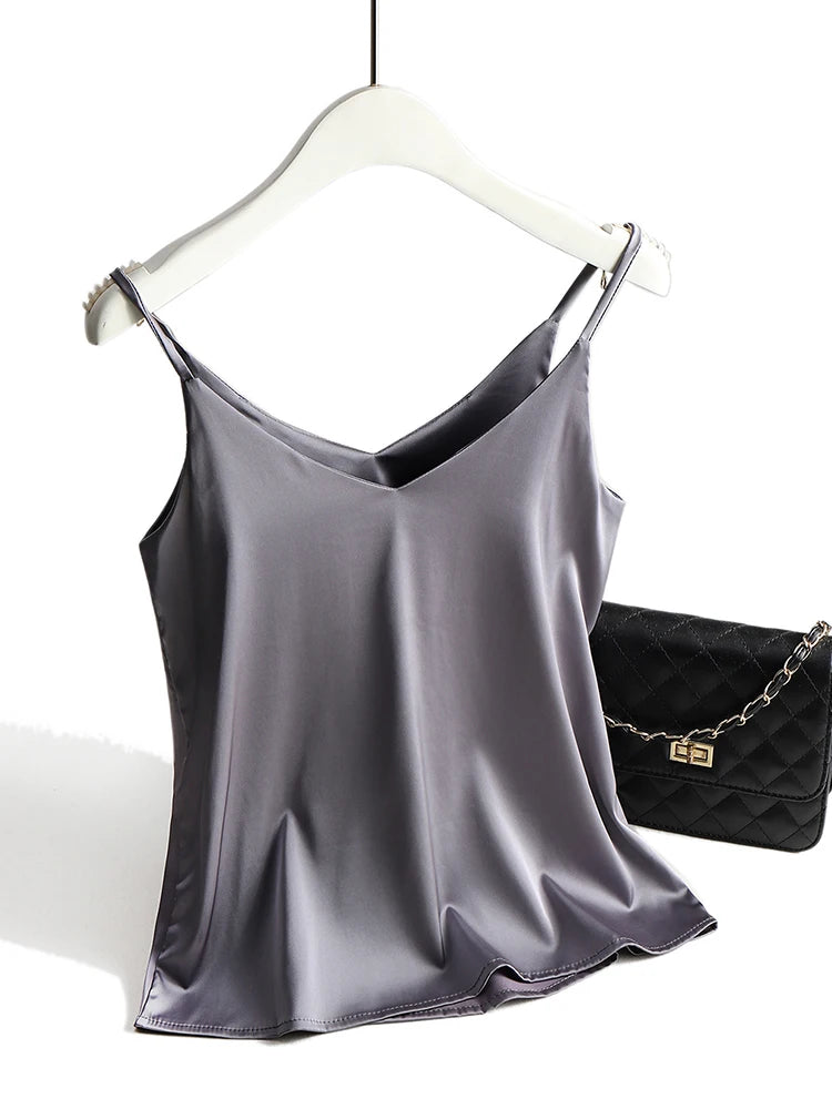 Top Women Halter V Neck Basic White Cami Sleeveless Satin Silk Tank Tops Women'S Summer Camisole