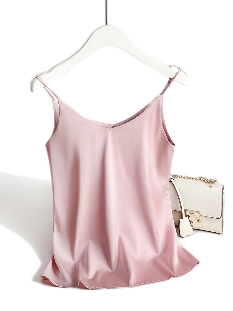 Top Women Halter V Neck Basic White Cami Sleeveless Satin Silk Tank Tops Women'S Summer Camisole