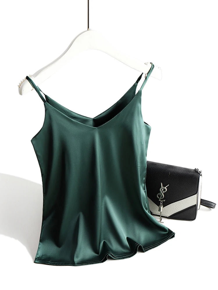 Top Women Halter V Neck Basic White Cami Sleeveless Satin Silk Tank Tops Women'S Summer Camisole