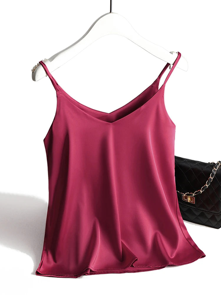 Top Women Halter V Neck Basic White Cami Sleeveless Satin Silk Tank Tops Women'S Summer Camisole