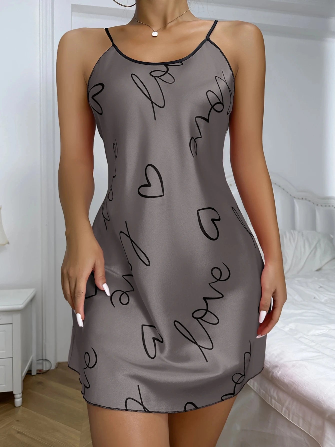 Heart Print Nightdress Elegant Scoop Neck Criss Cross Back Sleep Dress Women's Sleepwear