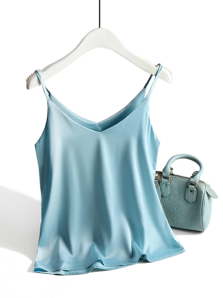 Top Women Halter V Neck Basic White Cami Sleeveless Satin Silk Tank Tops Women'S Summer Camisole